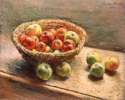 りんごのボウル。りんごのバスケット、1880 作： Claude Monet