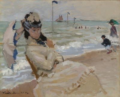 トルヴィルのビーチにあるカミーユ。 1870 作： Claude Monet