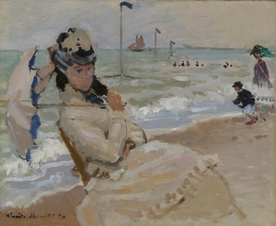 トルヴィルの浜辺のカミーユ 作： Claude Monet