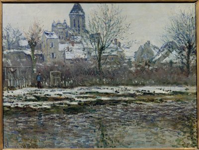 ヴェトゥイユの雪の影響」または「ヴェトゥイユの教会、雪」 クロード・モネ（1840-1926）の絵画 1878/79年。薄暗い。0,53 x 0,71m。パリ、オルセー美術館（Musee d