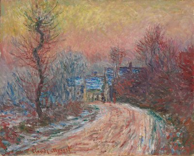 冬のジヴェルニーへの入場、日没。冬のジヴェルニーの入口、夕日、1885 作： Claude Monet