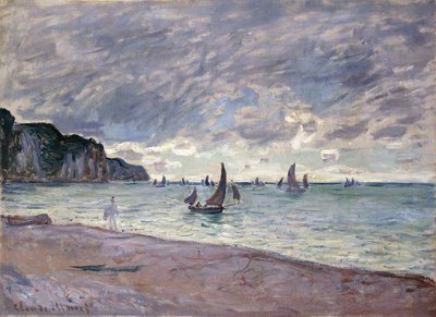 ビーチとプールビルの断崖の前にある漁船、1882年 作： Claude Monet