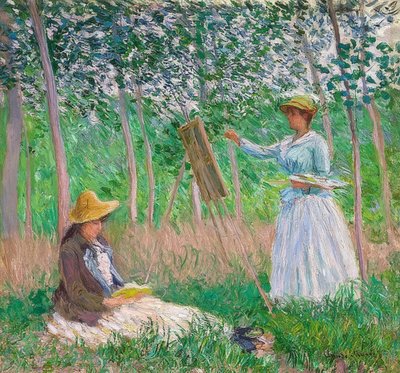 ジヴェルニーの庭：イーゼルのブランシュオシェデとスザンヌオシェデの読書。 1887 作： Claude Monet