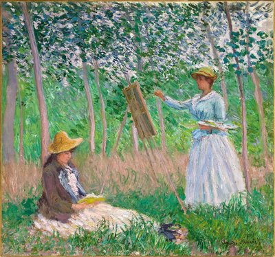 Givernyの森の中で-SuzanneHoschedéReadingと一緒に彼女のイーゼルでBlancheHoschedé 作： Claude Monet