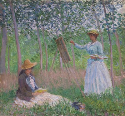 ジヴェルニーの森：イーゼルに向かうブランシュ・オシェデと、本を読むスザンヌ・オシェデ 作： Claude Monet