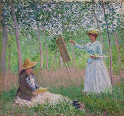 ジヴェルニーの森の中で：1887年にスザンヌホシェデが朗読するイーゼルでのブランシュホシェデ 作： Claude Monet