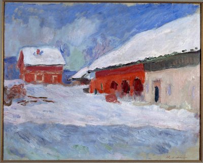 ノルウェーの風景、雪の下の家々 作： Claude Monet