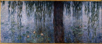 柳のある澄んだ朝」（木に油彩、200×425cmの三連作の左部分）、1914-1926年、クロード・モネ（1840-1926）作。クロード・モネ（1840-1926）作。オランジュリー美術館。- 睡蓮、柳のある澄んだ朝（三部作の左部分、木の上の油彩、200 x 作： Claude Monet
