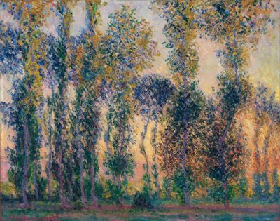 ジヴェルニー (フランス) のポプラ、日の出。 クロード・モネ (1840-1926) の絵画、キャンバスに油彩 作： Claude Monet
