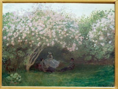 ライラック、灰色の天気（またはライラックの下での休息） - キャンバスに油彩 作： Claude Monet