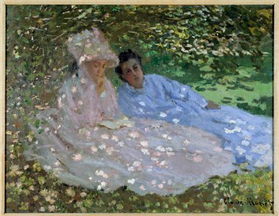 庭でのモネ夫人と友人。木陰に座る二人の女性。クロード・モネ（1840-1926）の絵画 作： Claude Monet