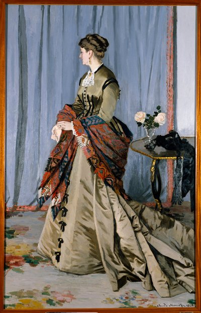 1868年、ルイ・ヨアヒム・ゴーディベール夫人（1846-1877）の足元の肖像（2.17×1.38cm）。クロード・モネ(1840-1926)による油彩・キャンバス。オルセー美術館 - 1868年、ルイ・ジョアヒム・ゴーディベール夫人（1846-1877）の全身像（2.17 x 1.38 cm）。キャンバスに油彩 b 作： Claude Monet