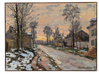 ルーベシエンヌへの道、融ける雪、夕日、c.1869-70 作： Claude Monet