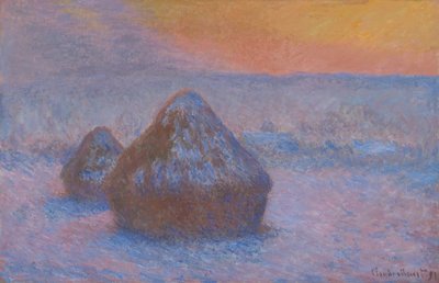 小麦の山、夕焼け、雪の効果、189091。 作： Claude Monet