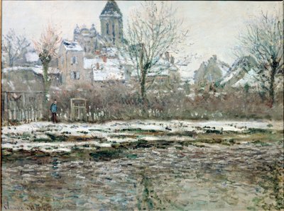 雪に覆われたヴェトゥイユの教会 作： Claude Monet