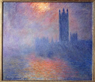 霧の中に太陽が差し込むロンドンの国会議事堂 作： Claude Monet