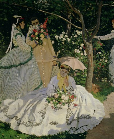 庭の女性たち、日傘をさした着席女性の詳細、2011年のキャンバスに油彩1866 作： Claude Monet