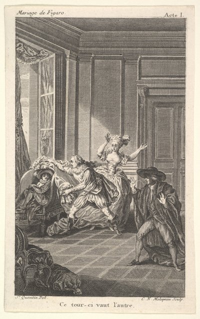 椅子に丸くなった男が、左から彼に近づく別の男の方を見る。 1784年。 作： Claude Nicolas Malapeau