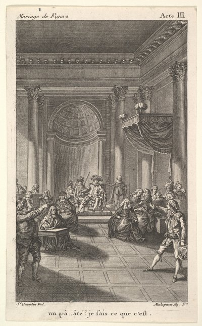 階段状のプラットホームの椅子に座っている男は、聴衆を抱えています。 1784年。 作： Claude Nicolas Malapeau