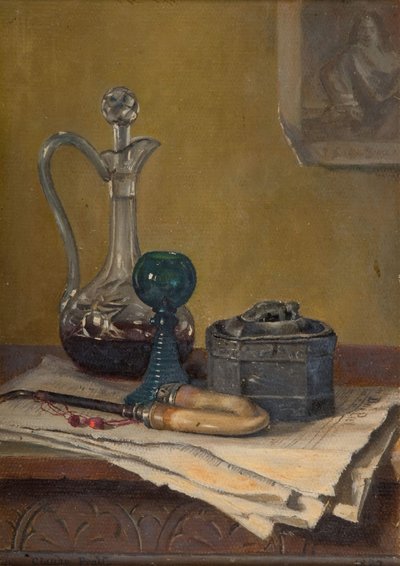 新聞、パイプ、デキャンタ、瓶の静物、1887年。 作： Claude Pratt