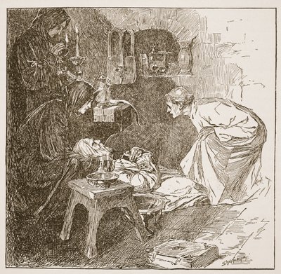 「ベッドの死」、HDM Spence-Jonesによる「イングランドの教会：人々の歴史」のイラスト、パブ。 1910年頃（セピア写真） 作： Claude Shepperson