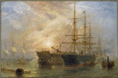 彼女の陛下の軍艦船がポーツマスHaで店を受け取る 作： Claude T. Stanfield Moore