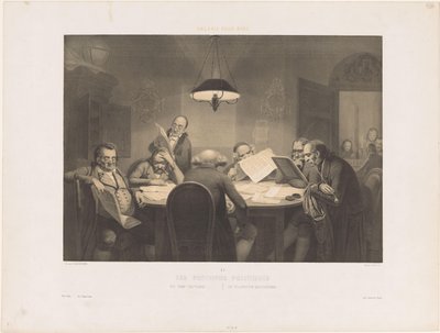 テーブルを囲んで本を読む男性 Les profonds politiques / 深い政治家たち / Die volendeten Staatsmanner (オブジェクトのタイトル) ユーモラスなパフォーマンス（シリーズタイトル） Galerie pour rire (オブジェクトのシリーズ タイトル) 作： Claude Thielley