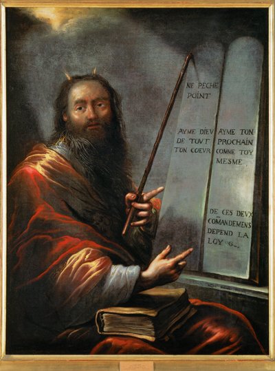 律法の板を持つモーゼ（キャンバスに描かれた絵） 作： Claude Vignon