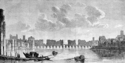 1666年の大火で破壊された旧ロンドン橋。サウス・ケンジントン美術館所蔵のクロード・デ・ヨングの絵（1650年）からのエングレーヴィング 作： Claude de Jongh