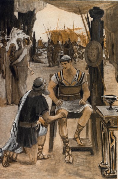 Priam rachete has Achilles the body of his son (Hector). Illustration by Clement Gontier (1876-1918) for Homere