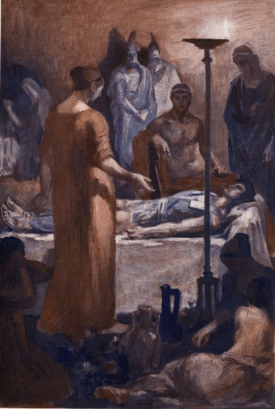 ブリセイスの苦情（パトクレスの傷を見て）。 クレメント ゴンティエ (1876-1918) によるホメレの「イリアス」 (オメロ) の挿絵。 パリ、アンリ・ローレンス 作： Clement Gontier