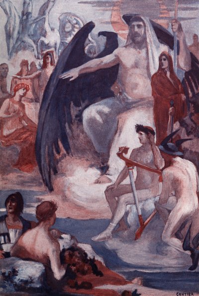 トロイの木馬やギリシア人を救出するジュピターの防衛。 クレメント ゴンティエ (1876-1918) によるホメレの「イリアス」 (オメロ) の挿絵。 パリ、アンリ・ローレンス 作： Clement Gontier