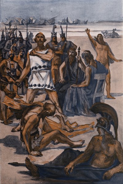 Ulysses の Thersite ヒット。 クレメント・ゴンティエ (1876-1918) によるホメレの「イリアス」 (オメロ) の挿絵。 パリ、アンリ・ローレンス 作： Clement Gontier