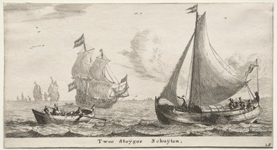さまざまな船とアムステルダムの景色 (Verscheÿde Ships and Gesichten van Amstelredam)、パート II: 2 つのピア ボート 作： Clement de Jonghe