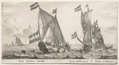 アムステルダムのさまざまな船と景色 (Verscheÿde Ships and Gesichten van Amstelredam)、パート II: オランダ海軍のヨット。 警備船 作： Clement de Jonghe