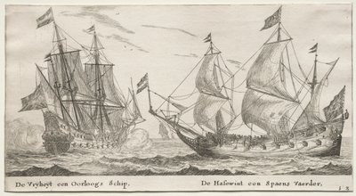 さまざまな船とアムステルダムの景色 (Verscheÿde Ships and Gesichten van Amstelredam)、パート II: 自由、戦争の男。 スペインの船、ウルフハウンド 作： Clement de Jonghe