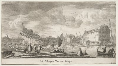 さまざまな船とアムステルダムの景色 (Verscheÿde Ships and Gesichten van Amstelredam)、パート II: 船の進水 作： Clement de Jonghe