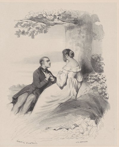 顔が髪で隠れている女性にプロポーズする男性, ca. 1830～65年。 作： Célestin Nanteuil