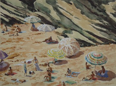 ビーチ、岩、パラソル 作： Clive Wilson