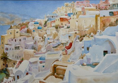 サントリーニ島、イア、2019年（水彩画） 作： Clive Wilson