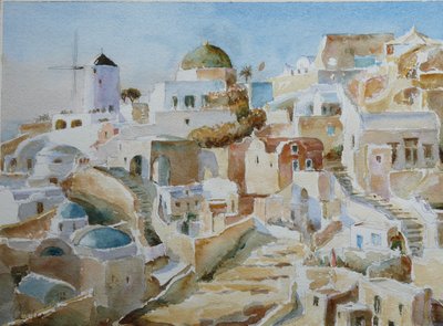 サントリーニ島イア - 2022年、昼下がり （水彩画） 作： Clive Wilson