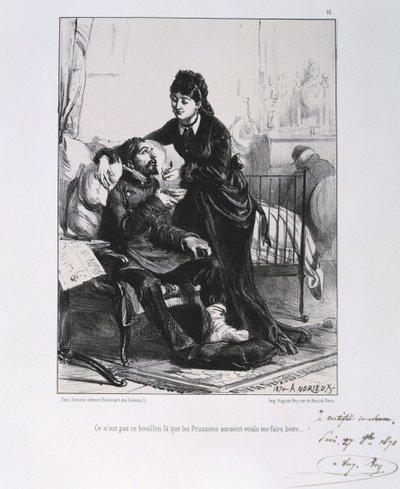 普仏戦争1870-1871。看護と栄養補給を受ける負傷した兵士。Clement August AndrieuxがGardes Nationalesに描いた一連のリトグラフより。 作： Clément Auguste Andrieux