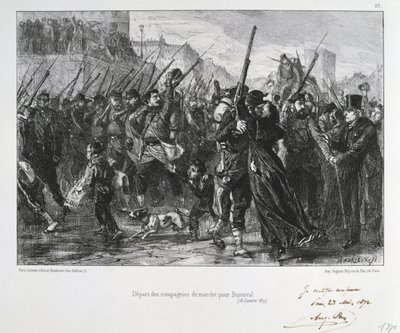 普仏戦争1870-1871。1871年1月19日、Versailles近くのBuzenval (Mount Valerien)の戦い。戦闘と敗戦に向けて行進するガルド・ナショナル。Clement August AndrieuxによるGardes Nationalesに関する一連のリトグラフより。 作： Clément Auguste Andrieux