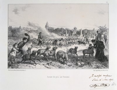 普仏戦争1870-1871。プロイセンの手に落ちるのを防ぐために羊の群れを追い払う。Clement August AndrieuxがGardes Nationalesに描いた一連のリトグラフより。 作： Clément Auguste Andrieux