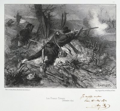 普仏戦争1870-1871。フランスのライフル兵。Clement August AndrieuxによるGardes Nationalesのリトグラフシリーズより。 作： Clément Auguste Andrieux