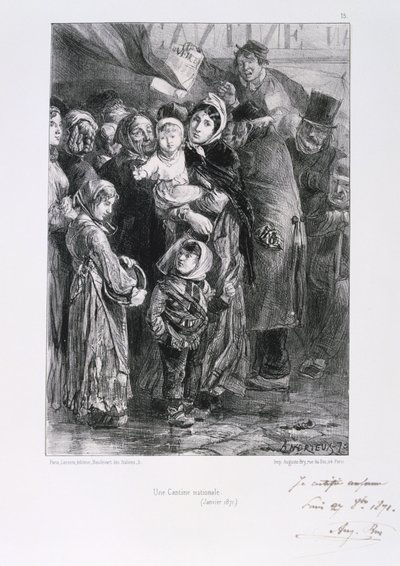 普仏戦争1870-1871。パリの包囲戦 1870年9月19日-1871年1月28日1871年1月、パリの国民のための炊き出し場。Clement August AndrieuxによるGardes Nationalesの一連のリトグラフより。食糧不足 飢餓 作： Clément Auguste Andrieux