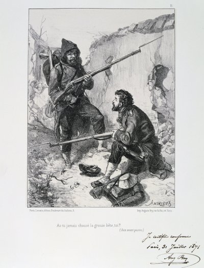 普仏戦争1870-1871。パリの包囲 1870年9月19日-1871年1月28日。パリ防衛のために到着したガルド・モビル（1870年9月）。Clement August AndrieuxによるGardes Nationalesに関する一連のリトグラフより。 作： Clément Auguste Andrieux