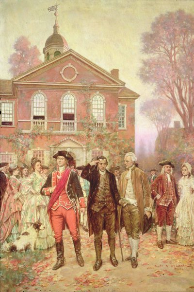 1774 年にフィラデルフィアのカーペンターズ ホールで開催された第 1 回大陸会議 作： Clyde Osmer Deland
