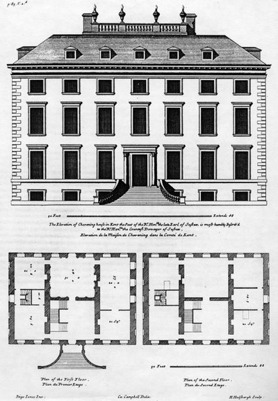 H.ヒルスバーグによって彫刻されたケントのChevening Houseの標高、「Colen Campbell&39;s Vitruvius Britannicus」のイラスト、出版c.1715-1725 作： Colen Campbell