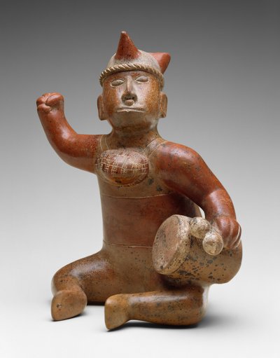 メキシコ、着席ミュージシャン、100 BC-AD 300（バイクロームスリップ塗装の陶器） 作： Colima Culture